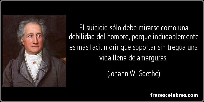El suicidio sólo debe mirarse como una debilidad del hombre, porque indudablemente es más fácil morir que soportar sin tregua una vida llena de amarguras. (Johann W. Goethe)