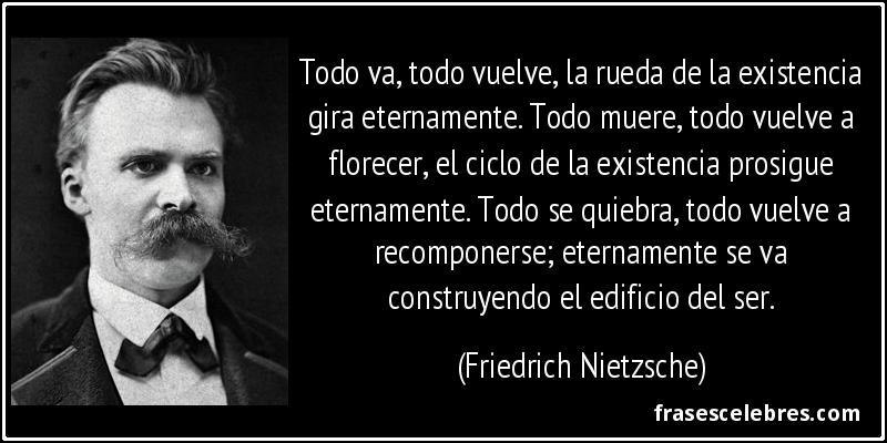 Todo va, todo vuelve, la rueda de la existencia gira eternamente. Todo muere, todo vuelve a florecer, el ciclo de la existencia prosigue eternamente. Todo se quiebra, todo vuelve a recomponerse; eternamente se va construyendo el edificio del ser. (Friedrich Nietzsche)